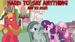 Size: 2064x1161 | Tagged: safe, artist:not-yet-a-brony, imported from derpibooru, big macintosh, cheerilee, marble pie, sugar belle, earth pony, unicorn, hard to say anything, 2021, awkward, episode reference, female, friends, friendship, husband and wife, male, mare, ponyville, stallion, uh oh, youtube link in the description