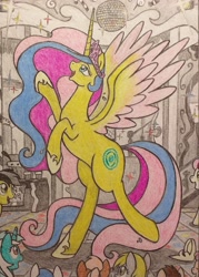 Size: 2133x2976 | Tagged: safe, artist:x-fang-z, imported from derpibooru, princess gold lily, alicorn, pony, bipedal, disco ball, ethereal mane, female, high res, mare, party, traditional art, wings