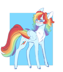 Size: 1579x1794 | Tagged: safe, artist:scarletskitty12, imported from derpibooru, rainbow dash, pegasus, pony, abstract background, blushing, chest fluff, colored hooves, colored wings, cute, dashabetes, ear fluff, eyes closed, facial markings, female, mare, multicolored wings, pale belly, rainbow wings, simple background, smiling, solo, tall, transparent background, wings