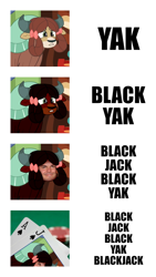 Size: 900x1600 | Tagged: safe, edit, edited screencap, imported from derpibooru, screencap, yona, human, yak, /mlp/, blackface, blackjack, face swap, irl, irl human, jack black, meme, photo, pun, solo, tongue twister, visual pun