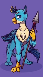Size: 640x1136 | Tagged: safe, artist:aca-4, imported from derpibooru, gallus, griffon, chest fluff, looking at you, male, profile, purple background, simple background, solo, spear, weapon