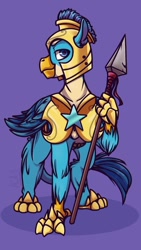 Size: 640x1136 | Tagged: safe, alternate version, artist:aca-4, imported from derpibooru, gallus, griffon, the last problem, armor, helmet, looking at you, male, profile, purple background, royal guard, royal guard gallus, simple background, solo, spear, weapon