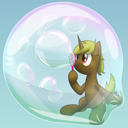 Size: 2501x2500 | Tagged: safe, artist:bladedragoon7575, imported from derpibooru, oc, oc only, oc:funny bones, pony, unicorn, blowing bubbles, bubble, female, floating, high res, horn, in bubble, mare, solo, unicorn oc