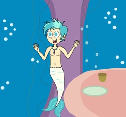 Size: 1609x1492 | Tagged: safe, artist:ocean lover, imported from derpibooru, terramar, human, merboy, mermaid, merman, season 8, surf and/or turf, spoiler:s08, belly button, bubble, chest, cup, dish, humanized, jewelry, male, mermaidized, mermanized, necklace, plate, scene interpretation, seaweed, species swap, support beam, table, tail, underwater, vine