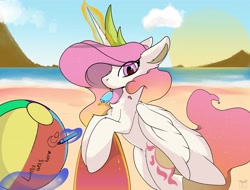 Size: 3600x2738 | Tagged: safe, artist:therealf1rebird, imported from derpibooru, princess celestia, alicorn, pony, beach, beach ball, food, high res, horn, ice cream, implied princess luna, looking at you, solo, sun, wings