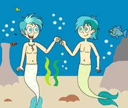 Size: 1669x1410 | Tagged: safe, artist:ocean lover, imported from derpibooru, sandbar, terramar, fish, human, merboy, mermaid, merman, belly button, boulder, bubble, cool, fist bump, friendship student, humanized, male, meeting, mermaid tail, mermaidized, mermanized, rock, sand, seaweed, smiling, species swap, tail, underwater