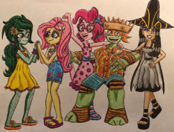 Size: 1024x778 | Tagged: safe, artist:bozzerkazooers, imported from derpibooru, fluttershy, pinkie pie, wallflower blush, equestria girls, equestria girls series, spring breakdown, spoiler:eqg series (season 2), barrette, clothes, crossover, cruise outfit, dress, feet, flower, flower in hair, geode of fauna, geode of sugar bombs, glasses, hat, holding hands, magical geodes, michelangelo, open-toed shoes, sandals, straw hat, teenage mutant ninja turtles, toes