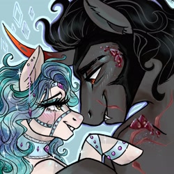Size: 2048x2048 | Tagged: safe, artist:bvnnydolls, artist:heinamaa1, imported from derpibooru, king sombra, oc, oc:marina, pegasus, pony, umbrum, unicorn, canon x oc, fangs, female, high res, jewelry, looking at each other, male, mare, shipping, stallion, straight