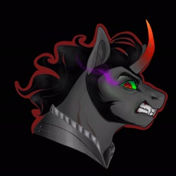 Size: 2048x2048 | Tagged: safe, artist:bvnnydolls, artist:heinamaa1, imported from derpibooru, king sombra, pony, umbrum, unicorn, black background, fangs, high res, looking at you, male, missing accessory, scar, simple background, snarling, solo, stallion