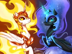 Size: 1024x768 | Tagged: safe, artist:midna77, imported from derpibooru, daybreaker, nightmare moon, alicorn, pony, blue eyes, blue mane, colored pupils, crown, duo, duo female, female, fire, flowing mane, folded wings, glowing horn, helmet, horn, jewelry, looking at you, mane of fire, mare, regalia, signature, simple background, smiling, wings, yellow eyes