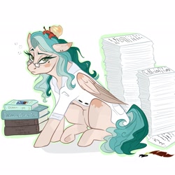 Size: 2048x2048 | Tagged: safe, artist:bvnnydolls, artist:heinamaa1, imported from derpibooru, oc, oc only, oc:marina, crab, pegasus, pony, book, clothes, female, glasses, hermit crab, high res, looking at you, mare, quill pen, simple background, solo, white background