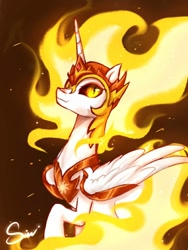 Size: 768x1024 | Tagged: safe, artist:midna77, imported from derpibooru, daybreaker, alicorn, pony, colored pupils, crown, female, fire, flowing mane, helmet, horn, jewelry, looking at you, mane of fire, regalia, signature, simple background, smiling, solo, wings, yellow eyes