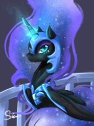 Size: 768x1024 | Tagged: safe, artist:midna77, imported from derpibooru, nightmare moon, alicorn, pony, blue eyes, blue mane, female, flowing mane, folded wings, g4, glowing horn, helmet, horn, looking at you, signature, smiling, solo, wings