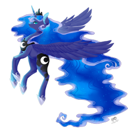 Size: 838x838 | Tagged: safe, artist:innanistacet, imported from derpibooru, princess luna, alicorn, pony, blue mane, crown, ethereal mane, female, flowing mane, flowing tail, flying, hoof shoes, horn, jewelry, regalia, signature, simple background, solo, spread wings, starry mane, transparent background, wings