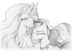 Size: 3507x2480 | Tagged: safe, artist:fladdrar-blyg, artist:fladdrarblyg, imported from derpibooru, princess celestia, princess luna, alicorn, pony, black and white, crown, cute, cutelestia, eyes closed, female, flowing mane, folded wings, grayscale, high res, horn, jewelry, lunabetes, monochrome, regalia, royal sisters, siblings, signature, simple background, sisters, smiling, traditional art, white background, wings