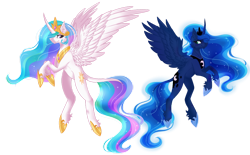 Size: 1280x794 | Tagged: safe, artist:angellightyt, imported from derpibooru, princess celestia, princess luna, alicorn, pony, blue mane, blushing, collaboration, crown, ear fluff, ethereal mane, female, flowing mane, flowing tail, flying, hoof shoes, horn, jewelry, multicolored hair, regalia, royal sisters, siblings, simple background, sisters, smiling, spread wings, starry mane, transparent background, wings