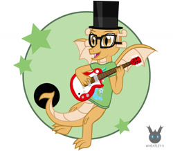 Size: 1466x1276 | Tagged: safe, artist:wheatley r.h., derpibooru exclusive, imported from derpibooru, oc, oc only, oc:myoozik the dragon, dragon, dragon oc, flying, guitar, happy, hat, musical instrument, simple background, solo, stars, top hat