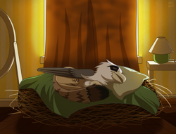 Size: 2613x2000 | Tagged: safe, artist:alittleofsomething, imported from derpibooru, oc, oc:grimm tales, griffon, bedroom, griffon oc, high res, male, mirror, nest, sleeping, solo