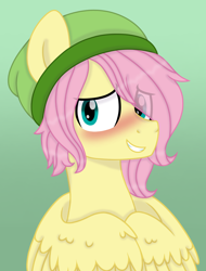 Size: 1720x2269 | Tagged: safe, artist:froyo15sugarblast, imported from derpibooru, fluttershy, pegasus, pony, beanie, blushing, butterscotch, eye clipping through hair, flutterguy, gradient background, grin, hair over one eye, hat, lighting, looking at you, male, rule 63, shading, shy, smiling, solo, spread wings, stallion, wings