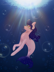 Size: 768x1024 | Tagged: safe, artist:delfinaluther, imported from derpibooru, oc, oc only, earth pony, pony, seapony (g4), bubble, crepuscular rays, eye scar, female, fish tail, flowing mane, heterochromia, looking up, ocean, scar, seaponified, signature, solo, species swap, sunlight, tail, underwater, water