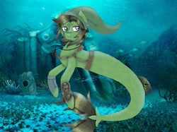 Size: 1295x968 | Tagged: safe, artist:artsoftherose, imported from derpibooru, oc, oc only, fish, seapony (g4), coral, crepuscular rays, dorsal fin, ear piercing, earring, elf hat, fish tail, gray eyes, hat, jewelry, link, link's hat, male, necklace, ocean, piercing, seaponified, seaweed, solo, species swap, tail, the legend of zelda, underwater, water