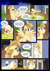 Size: 3259x4607 | Tagged: safe, artist:estories, imported from derpibooru, oc, oc only, oc:alice goldenfeather, oc:fable, oc:golden jewel, earth pony, pegasus, pony, comic:nevermore, book, bookshelf, colt, comic, drawer, female, football, knocking, lamp, male, mare, pegasus oc, speech bubble, sports, umbrella, wings