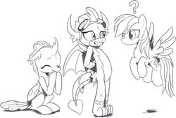 Size: 1839x1233 | Tagged: safe, artist:nauyaco, imported from derpibooru, ocellus, rainbow dash, smolder, changedling, changeling, dragon, pegasus, pony, clothes, cute, diaocelles, giggling, grin, monochrome, nervous, nervous grin, nervous sweat, non-pegasus wonderbolt, question mark, smiling, smolder the wonderbolt, smolderbetes, this will end in detention, torn clothes, uniform, wardrobe malfunction, wonderbolts uniform