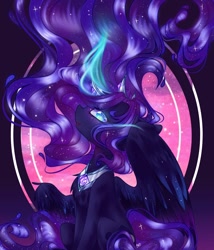 Size: 1200x1400 | Tagged: safe, artist:rainbowmoon2512, imported from derpibooru, princess luna, alicorn, pony, blue eyes, blue mane, crown, ethereal mane, female, flowing mane, glow, glowing, glowing horn, horn, jewelry, necklace, open mouth, regalia, signature, simple background, smiling, solo, sparkles, starry mane, stars, tail, wingding eyes, wings