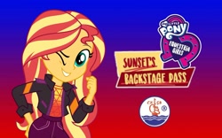 Size: 1599x999 | Tagged: safe, artist:spidey-gamer-crack, imported from derpibooru, sunset shimmer, equestria girls, equestria girls series, sunset's backstage pass!, spoiler:eqg series (season 2), chgb record, clothes, equestria girls logo, festival, jacket, one eye closed, wallpaper, wink