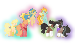 Size: 3060x1737 | Tagged: safe, artist:blueberrymuffin02, imported from derpibooru, oc, oc only, earth pony, pegasus, pony, brothers, coat markings, cousins, flying, freckles, hair over eyes, magical lesbian spawn, male, neckerchief, offspring, parent:applejack, parent:big macintosh, parent:fluttershy, parent:marble pie, parent:prince blueblood, parent:rainbow dash, parent:spitfire, parent:trouble shoes, parent:troubleshoes clyde, parents:bluejack, parents:fluttermac, parents:marbleshoes, parents:spitdash, siblings, simple background, socks (coat markings), stallion, transparent background, unshorn fetlocks
