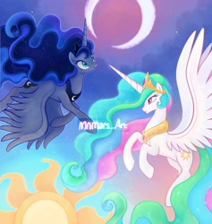 Size: 1848x1951 | Tagged: safe, artist:mn27, imported from derpibooru, princess celestia, princess luna, alicorn, pony, crescent moon, day, duo, female, flying, mare, moon, night, profile, royal sisters, siblings, sisters, spread wings, sun, wings