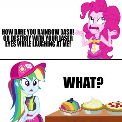 Size: 1300x1300 | Tagged: safe, imported from derpibooru, pinkie pie, rainbow dash, blue crushed, equestria girls, equestria girls series, forgotten friendship, secrets and pies, angry, engrish, gasp, geode of sugar bombs, geode of super speed, magical geodes, pinkie pie is best facemaker, pinkie pie is not amused, pinkie rage, rage, rainbow douche, scaredy dash, unamused