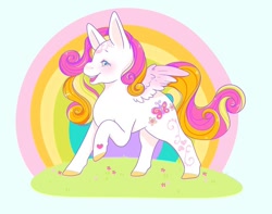 Size: 1080x850 | Tagged: safe, artist:kirakiracalico, imported from derpibooru, honolu-loo, pegasus, pony, colored hooves, g3, rainbow, raised hoof, smiling, solo, wings