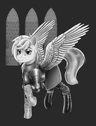 Size: 2637x3458 | Tagged: safe, artist:kviksi, imported from derpibooru, rainbow dash, pegasus, pony, armor, knight, military, military pony, monochrome, simple background, solo, wip