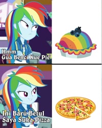 Size: 799x1000 | Tagged: safe, imported from derpibooru, rainbow dash, zephyr breeze, equestria girls, equestria girls series, holidays unwrapped, spoiler:eqg series (season 2), food, hotline bling, indonesia, meme, pie, pizza, rainbow blueberry pie, rainbow pie, that pony sure does hate pies, that pony sure does love pizza