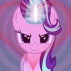 Size: 1000x1000 | Tagged: safe, artist:evilenchantress, imported from derpibooru, starlight glimmer, pony, evil grin, glowing horn, heart, horn, hypnosis, looking at you, magic, smiling, solo