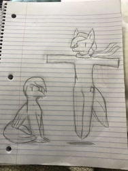 Size: 3024x4032 | Tagged: safe, artist:wingtip, imported from derpibooru, oc, oc only, oc:apex soundwave, oc:shyr, avian, bird, earth pony, pony, asserting dominance, clothes, duo, male, meme, scarf, sketch, stallion, t pose, traditional art