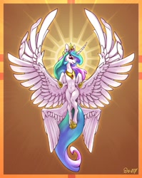 Size: 3262x4096 | Tagged: safe, artist:danton-y17, imported from derpibooru, princess celestia, alicorn, pony, seraph, angelic, backlighting, backlit, female, flying, four wings, halo, mare, multiple wings, signature, smiling, solo, spread wings, sun, wings