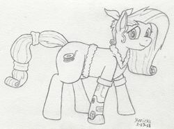 Size: 921x684 | Tagged: safe, artist:hericks, imported from derpibooru, imported from ponybooru, kerfuffle, torque wrench, oc, oc only, oc:solder rockingbell, earth pony, pony, amputee, doodle, female, fusion, looking at you, prosthetic limb, prosthetics, simple background, solo, traditional art