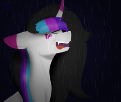 Size: 1827x1536 | Tagged: safe, artist:revenge.cats, imported from derpibooru, oc, oc only, oc:azure song, alicorn, pony, crying, dark background, fangs, lineless, rain, screaming, solo, vent art