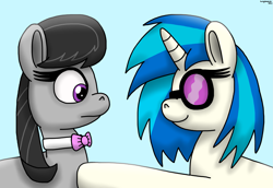Size: 2887x1990 | Tagged: safe, artist:darkyboode32, derpibooru exclusive, imported from derpibooru, dj pon-3, octavia melody, vinyl scratch, earth pony, pony, unicorn, best friends, bowtie, duo, female, glasses, hoof on chest, simple background, traditional art