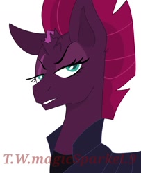 Size: 1080x1331 | Tagged: safe, artist:t.w.magicsparkel.9, imported from derpibooru, tempest shadow, pony, bedroom eyes, broken horn, eye scar, eyelashes, female, horn, mare, scar, simple background, solo, white background