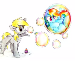 Size: 3213x2617 | Tagged: safe, artist:liaaqila, imported from derpibooru, derpy hooves, rainbow dash, pegasus, pony, blowing bubbles, bubble, chest fluff, commission, confused, cute, dashabetes, derpabetes, duo, duo female, ear fluff, female, fluffy, frown, high res, in bubble, leg fluff, mare, mouth hold, shrunken pupils, simple background, smiling, stuck, traditional art, white background, wide eyes, wing fluff