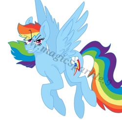 Size: 1018x1002 | Tagged: safe, alternate version, artist:t.w.magicsparkel.9, imported from derpibooru, rainbow dash, pegasus, pony, eyelashes, female, flying, mare, obtrusive watermark, simple background, smiling, smirk, solo, watermark, white background, wings