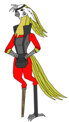 Size: 2304x4096 | Tagged: safe, artist:agdapl, imported from derpibooru, anthro, bird, parrot, amputee, clothes, crossover, demoman, eyepatch, female, hand on hip, peg leg, prosthetic leg, prosthetic limb, prosthetics, rule 63, simple background, solo, species swap, team fortress 2, transparent background