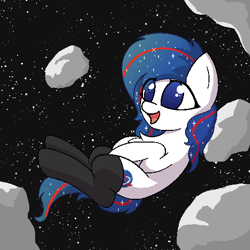 Size: 512x512 | Tagged: safe, artist:shepardinthesky, imported from derpibooru, oc, oc only, oc:nasapone, pony, asteroid, chest fluff, clothes, cute, floating, open mouth, pixel art, socks, solo, space, zero gravity