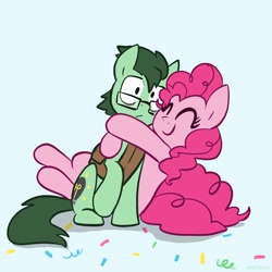 Size: 2048x2048 | Tagged: safe, artist:pfeffaroo, imported from derpibooru, pinkie pie, oc, oc:dimbulb, earth pony, pony, duo, earth pony oc, female, high res, hug, male, mare, stallion