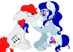Size: 2150x1512 | Tagged: safe, artist:sajimex, imported from derpibooru, oc, oc only, oc:apex soundwave, oc:hajime, earth pony, pegasus, pony, clothes, comforting, crying, duo, earth pony oc, female, fluffy, frown, glasses, hat, looking at each other, male, mare, oc x oc, pegasus oc, reference used, sad, scarf, shipping, simple background, sitting, smiling, stallion, straight, transparent background