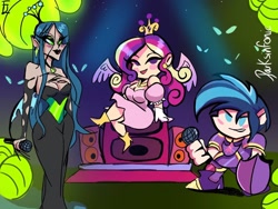 Size: 1024x768 | Tagged: safe, artist:darksinfonic, imported from derpibooru, princess cadance, queen chrysalis, shining armor, changeling, changeling queen, human, breasts, crossover, cute, female, friday night funkin', humanized, light show, microphone, singing, speaker, speakers, winged humanization, wings