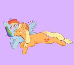 Size: 871x770 | Tagged: safe, artist:vampurin, imported from derpibooru, applejack, rainbow dash, earth pony, pegasus, pony, appledash, blushing, duo, eyes closed, female, freckles, hat, head on shoulder, leaning on someone, lesbian, looking away, lying down, mare, one wing out, onomatopoeia, open mouth, purple background, shipping, simple background, sleeping, sound effects, spread wings, stretched, sweat, sweatdrop, wavy mouth, wings, zzz